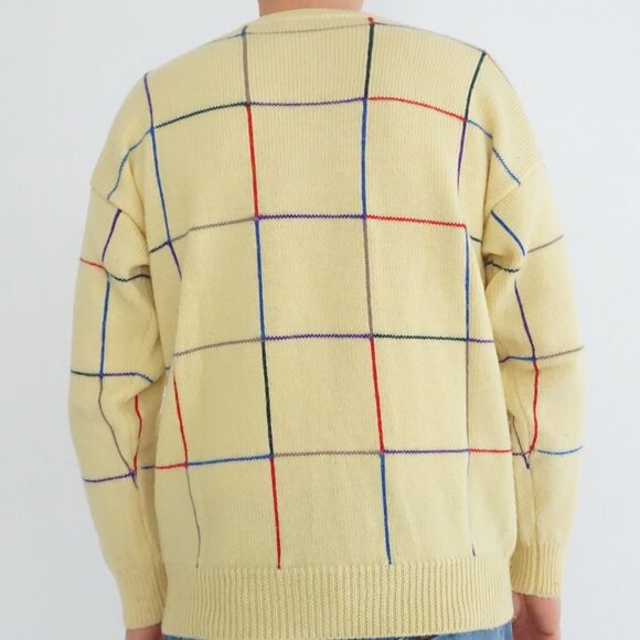 Vintage Halpern Yellow Wool Grid Sweater Retro Preppycore Eclectic Grandpa - Picture 2 of 8